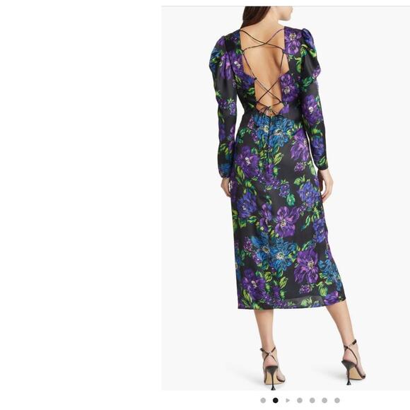 Adelyn Rae Erin lattice floral print lace up back maxi dress black blue small - Picture 3 of 12